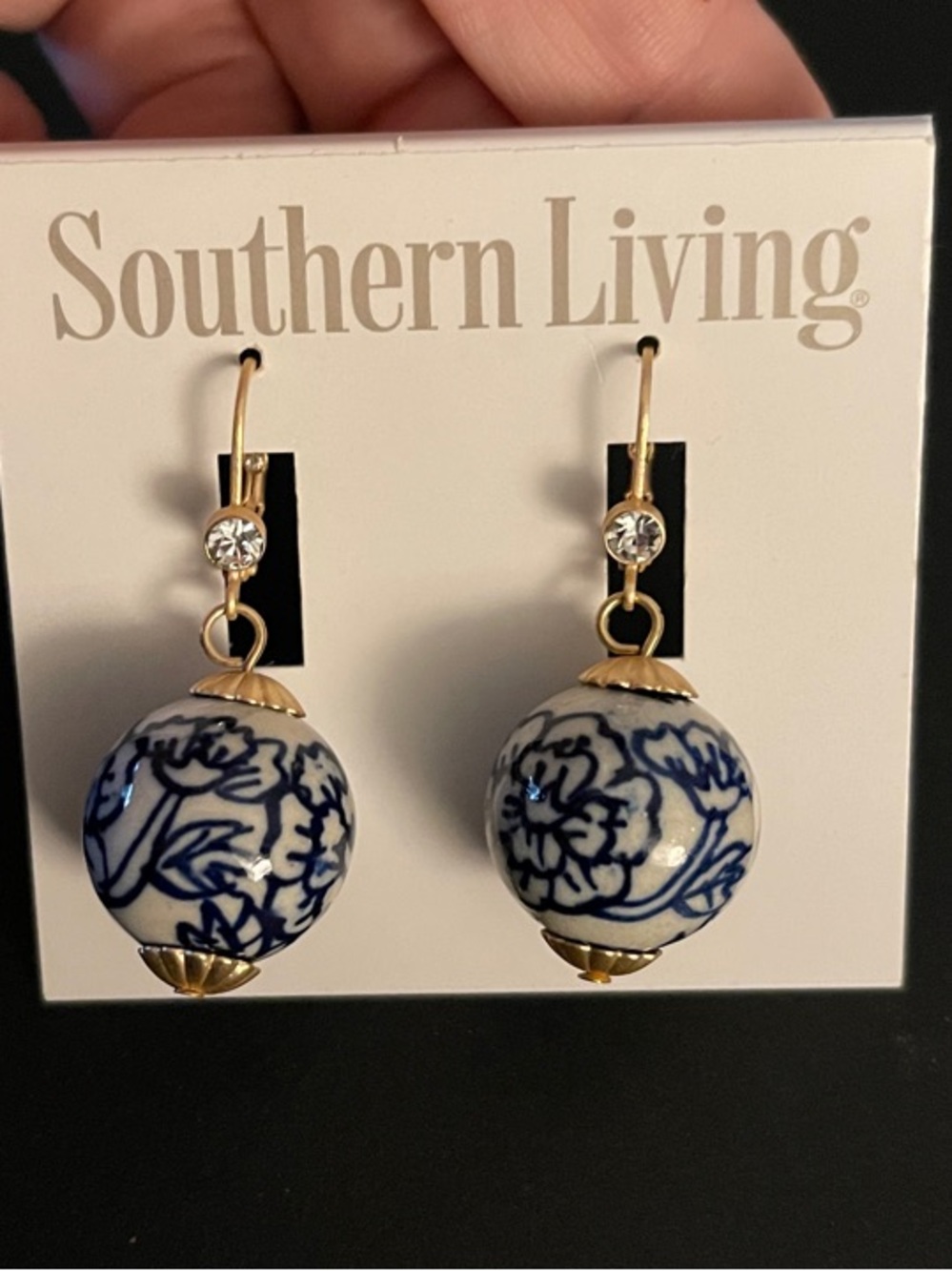 Southern Living Navy and White Floral Ball Drop Earrings with Gold Accent